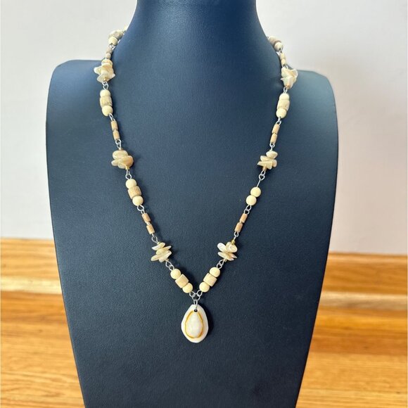 Shell Pendant Necklace With Beaded Wood Accents & Adjustable Chain - Picture 1 of 4